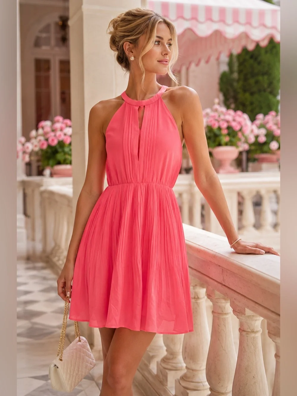 Bebe Coral Pink Pleated Halter Dress XS Fit & Flare Cocktail Party Mini - Picture 1 of 10
